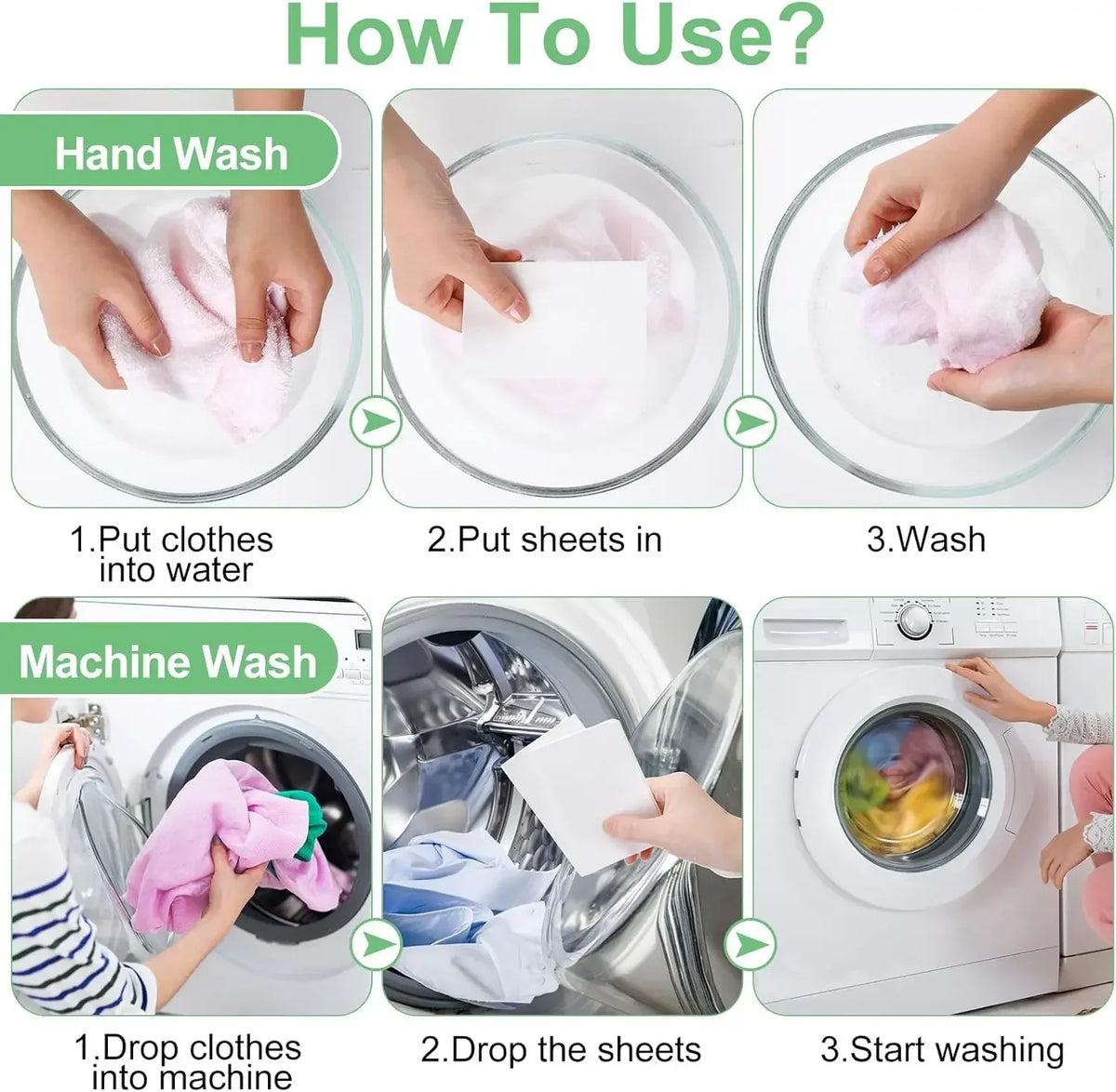 Instructions for using laundry color absorbing paper sheets for hand wash and machine wash