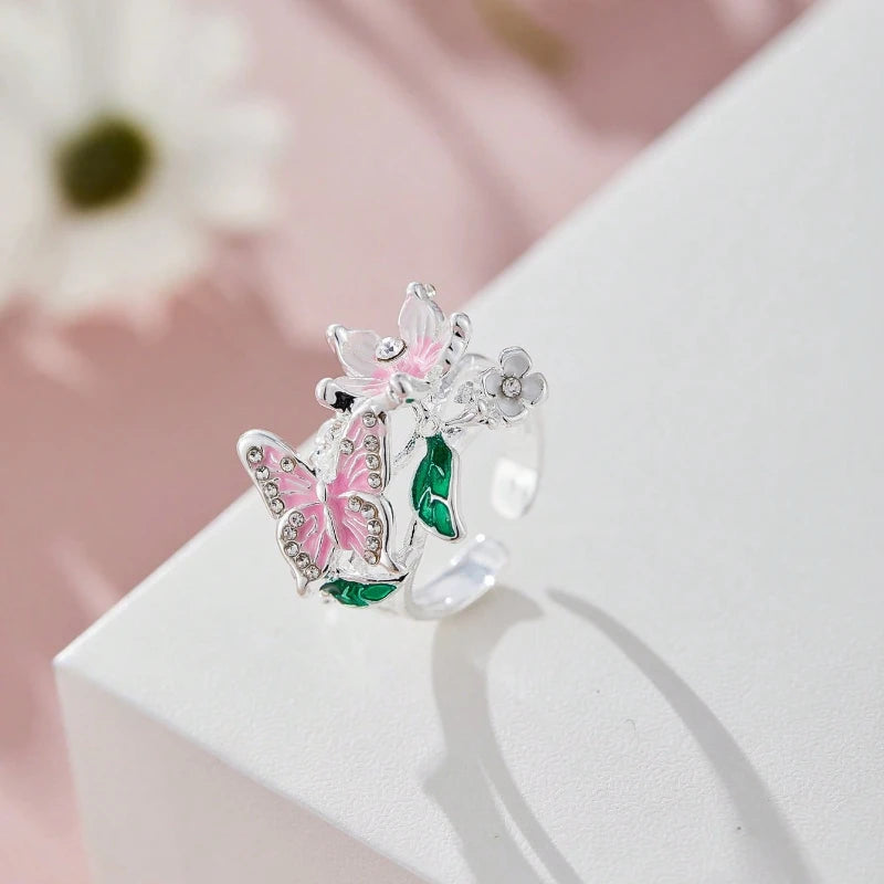 Floral Butterfly Rhinestone Ring — Romantic Adjustable Design