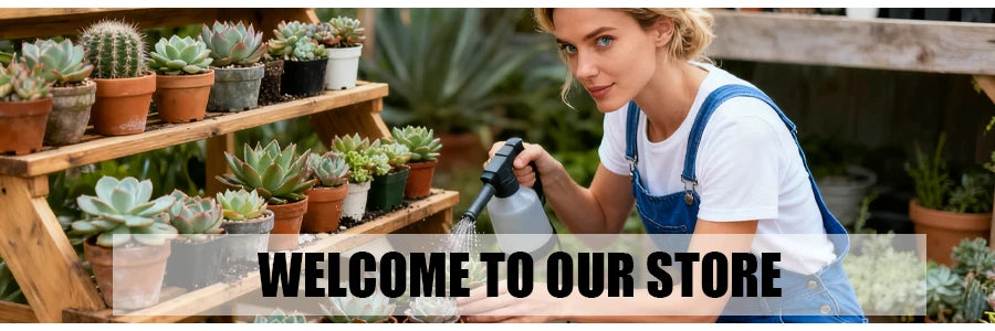 A woman is cleaning potted succulents in a wooden store display.