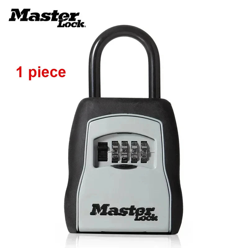 A black portable combination key safe with a silver body and a black handle, featuring a keypad.