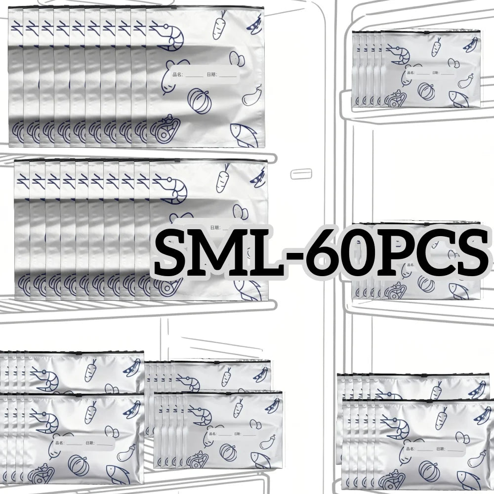 A set of 60 reusable aluminum foil storage bags shown in various packaging and display formats.