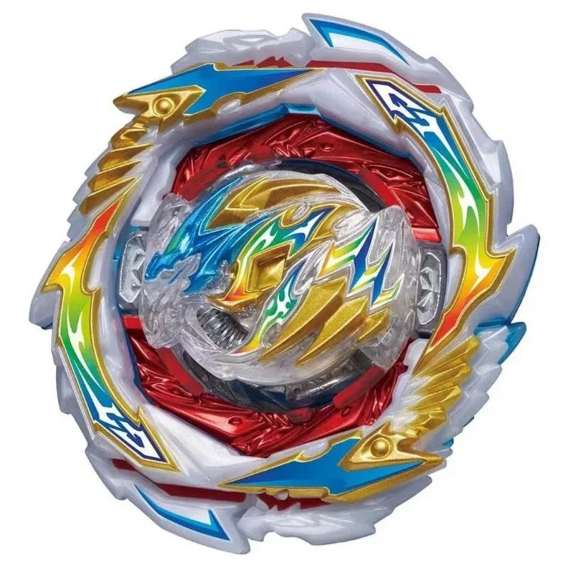 A battle spinning top featuring a clear metal construction encased in colorful, layered plastic rings.