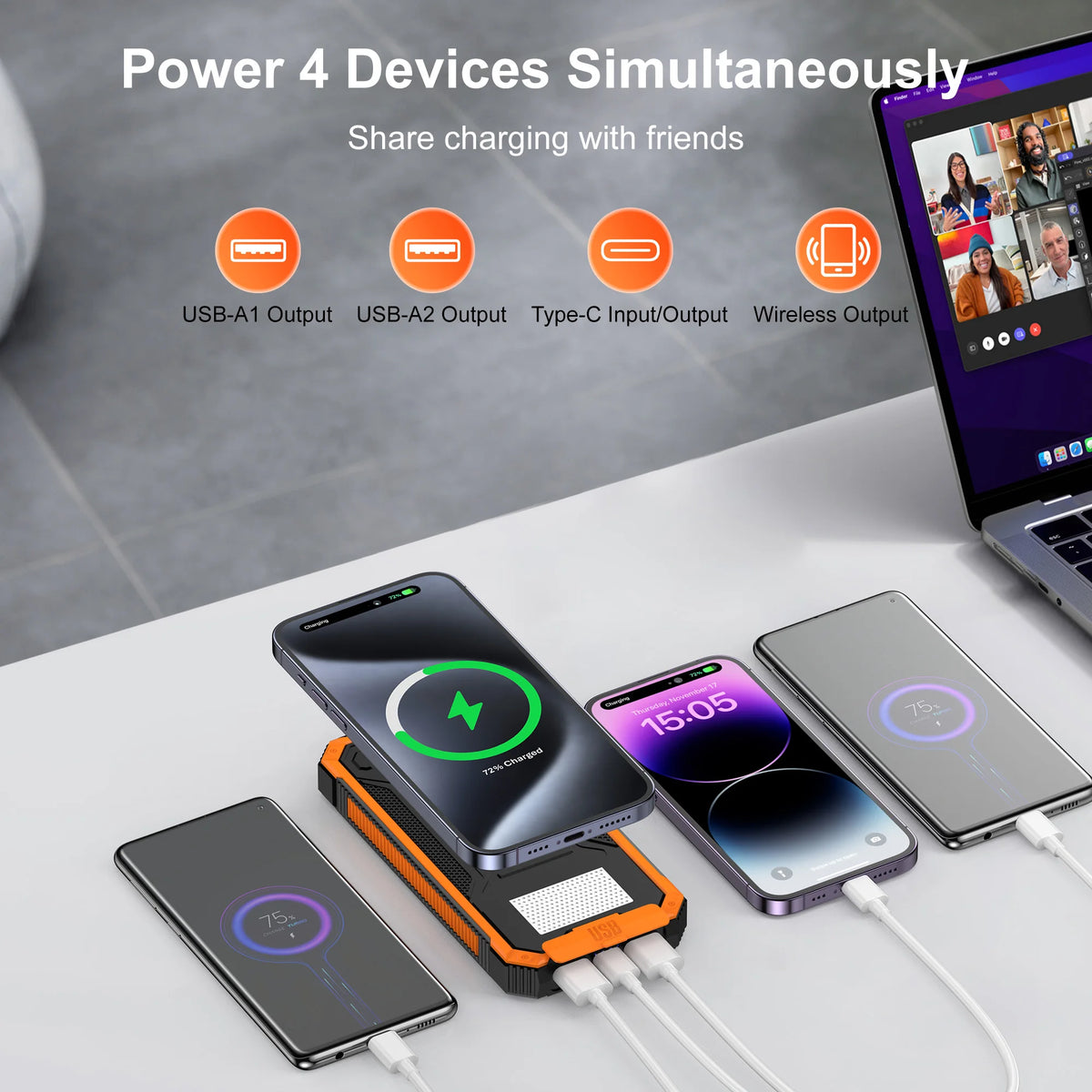 Solar-Powered 20,000mAh Wireless Power Bank with LED Flashlight