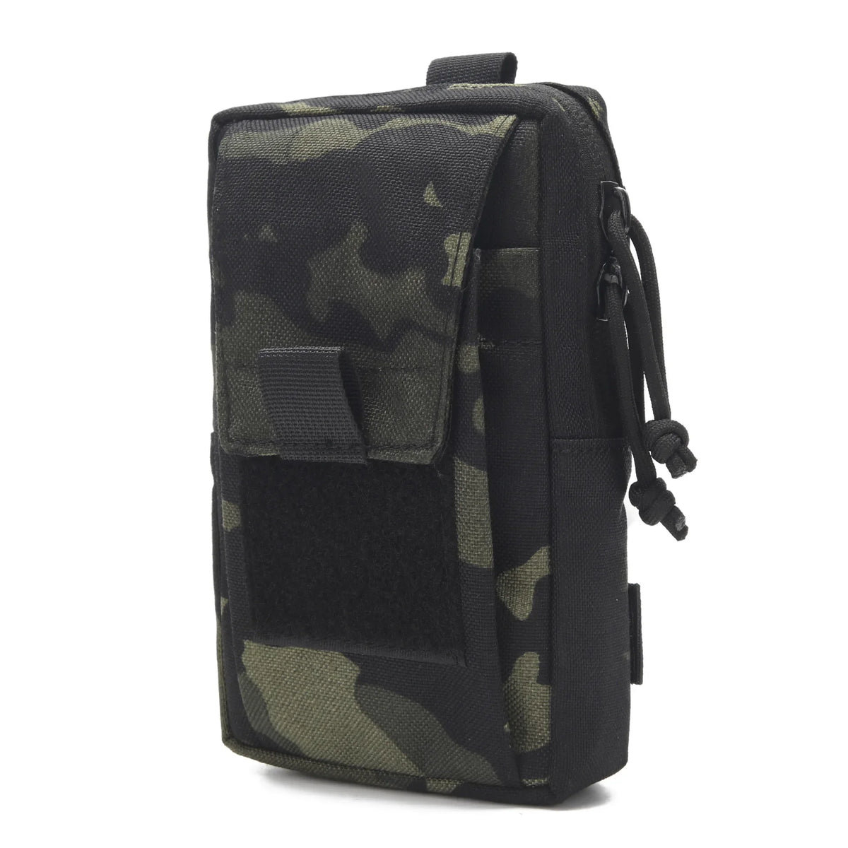 A black camouflage MOLLE tactical phone pouch with a strap and pocket.