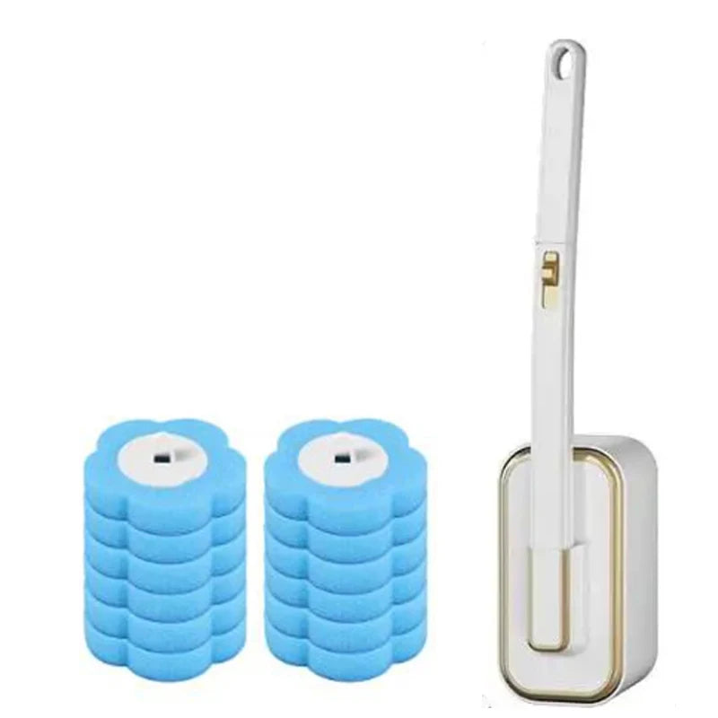A set of blue disposable toilet brushes with automatic lids and replacement heads.