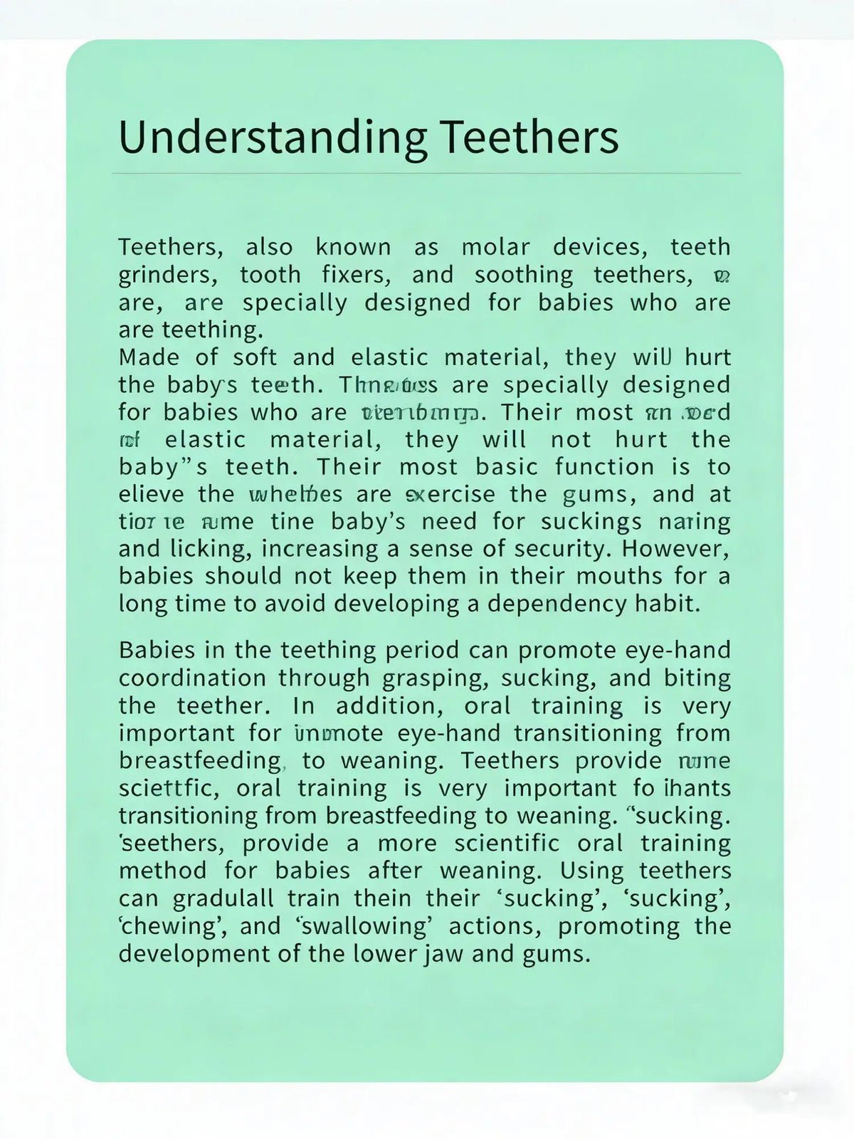 An informational graphic about understanding and caring for teething babies, featuring text on a light green background.