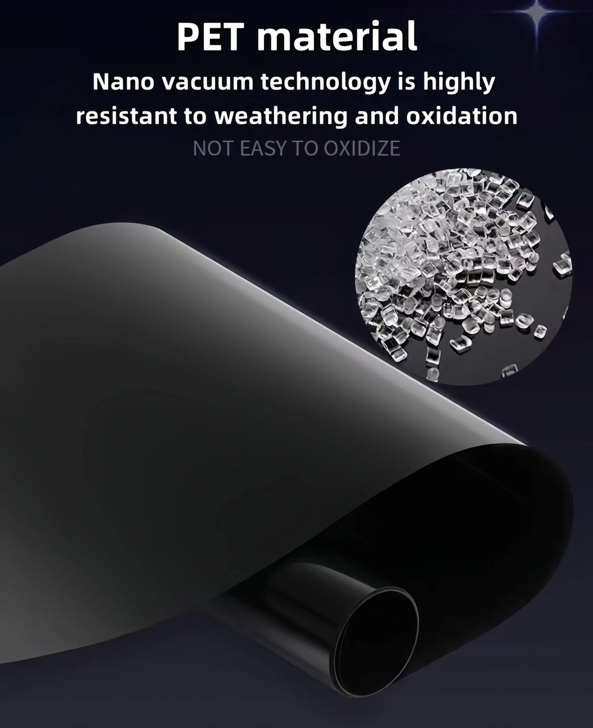 Roll of black blackout privacy window film demonstrating nano vacuum technology resistance to weathering and oxidation