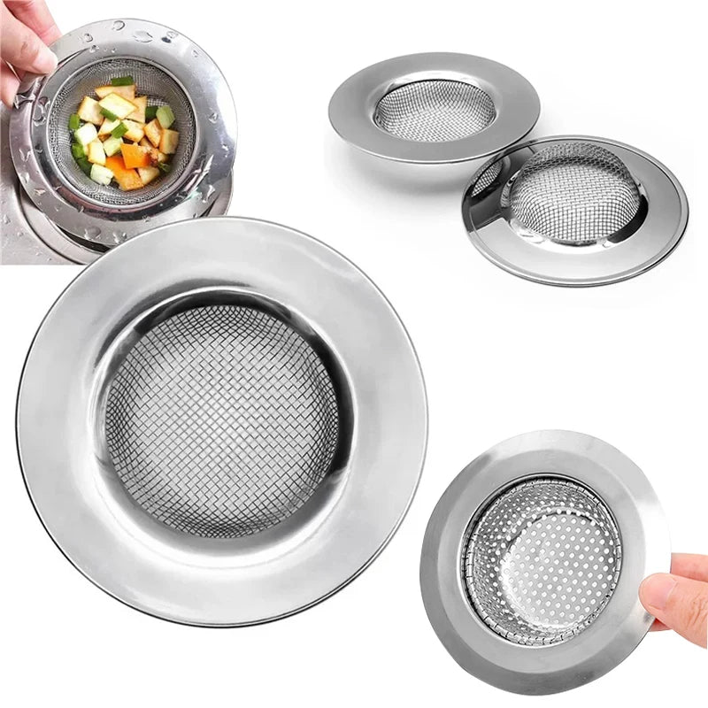 Stainless steel sink strainer mesh for kitchen and bathroom drains shown in various forms