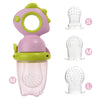 A rotating silicone baby fruit feeder in pink and green with various sized silicone nozzles labeled S, M, and L.