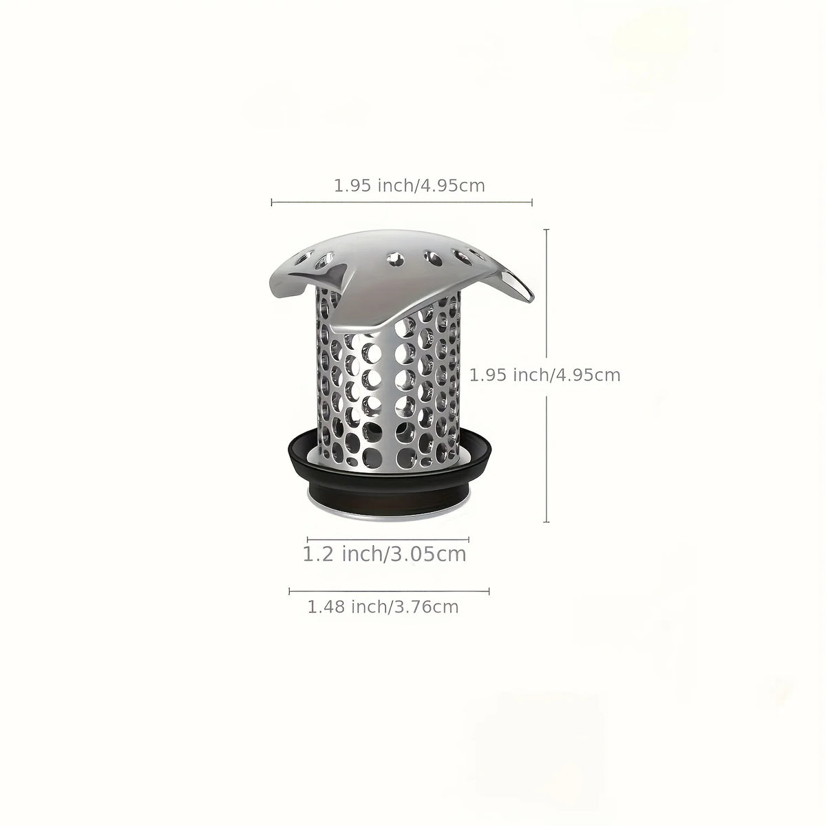Stainless steel bathtub drain with a hair catcher and a removable cover.
