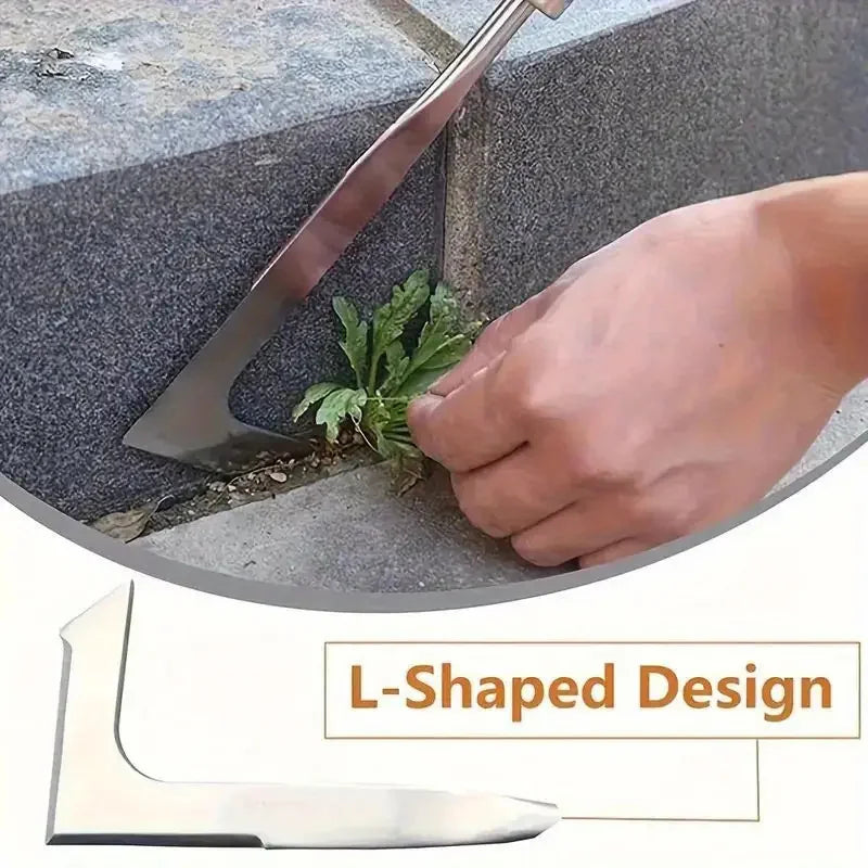 Close-up of an L-shaped stainless steel weeding tool being used to remove weeds from a garden gap.