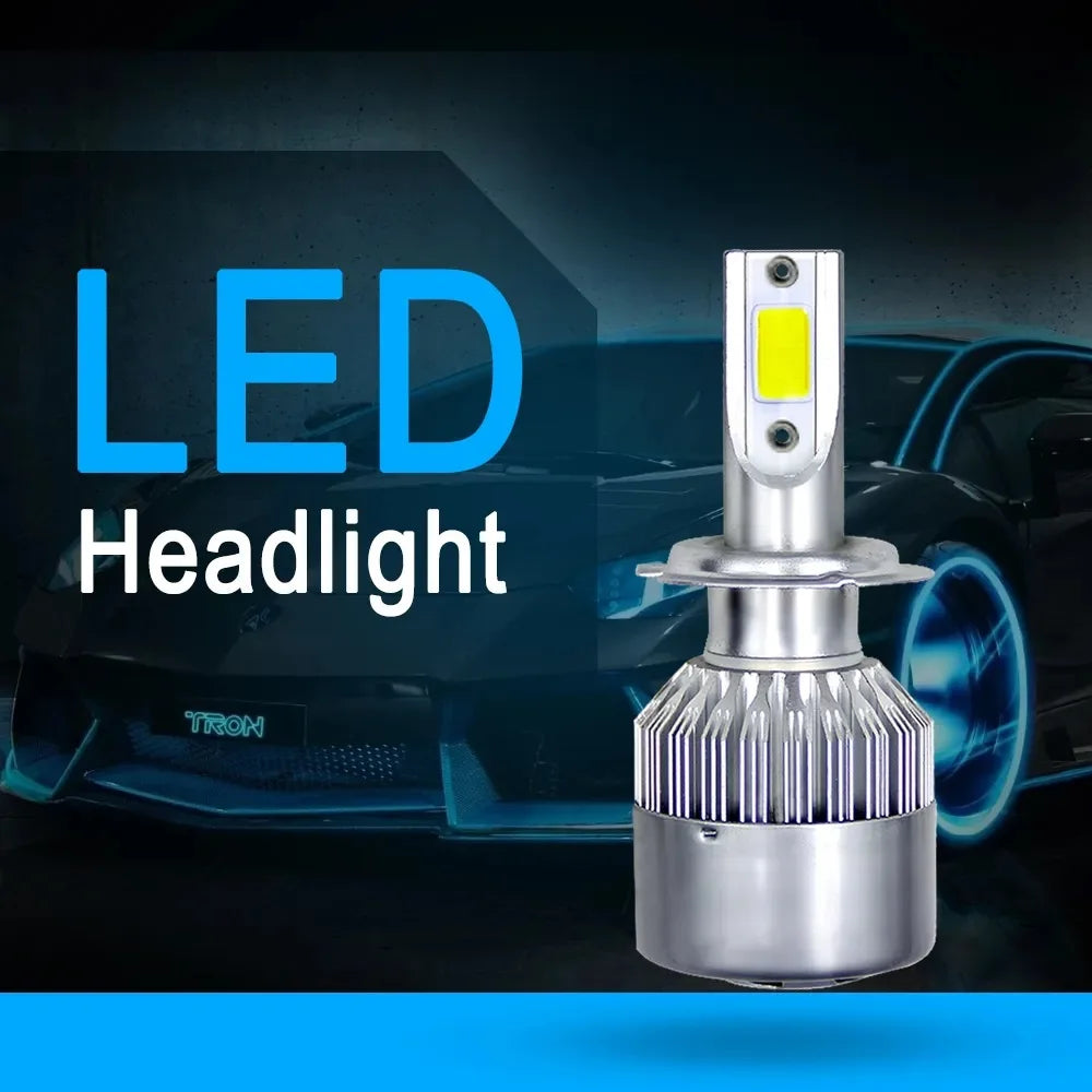 A pair of silver COB LED headlight bulbs with yellow light visible against a dark car background.