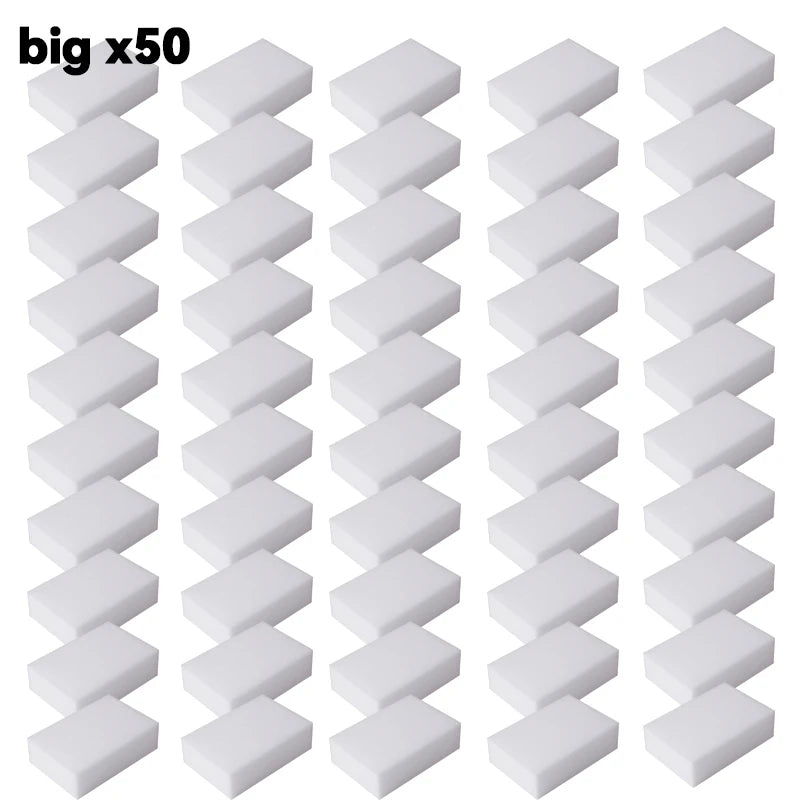 A set of fifty white melamine sponge cleaning erasers for multi-purpose scrubbing.