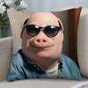 A novelty throw pillow cover featuring a cartoon face wearing sunglasses and a denim shirt.