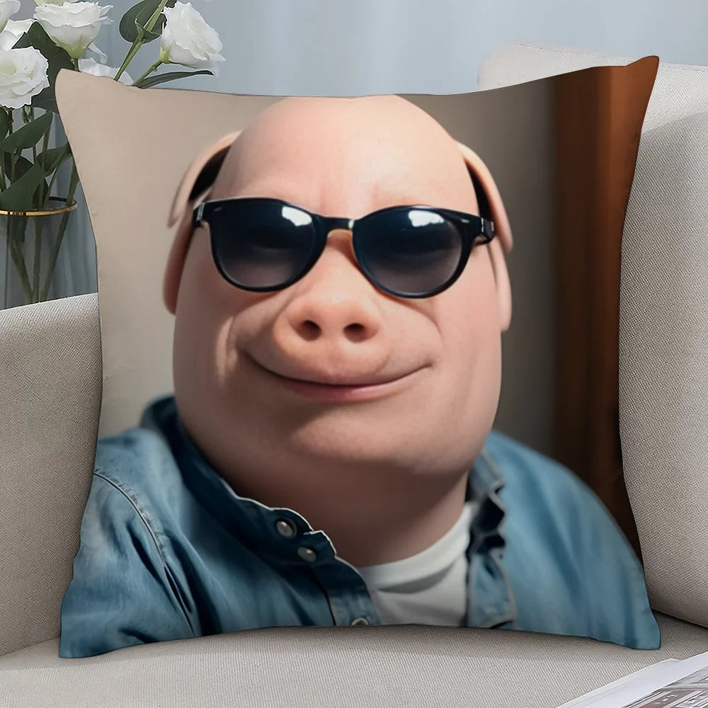 A novelty throw pillow cover featuring a cartoon face wearing sunglasses and a denim shirt.