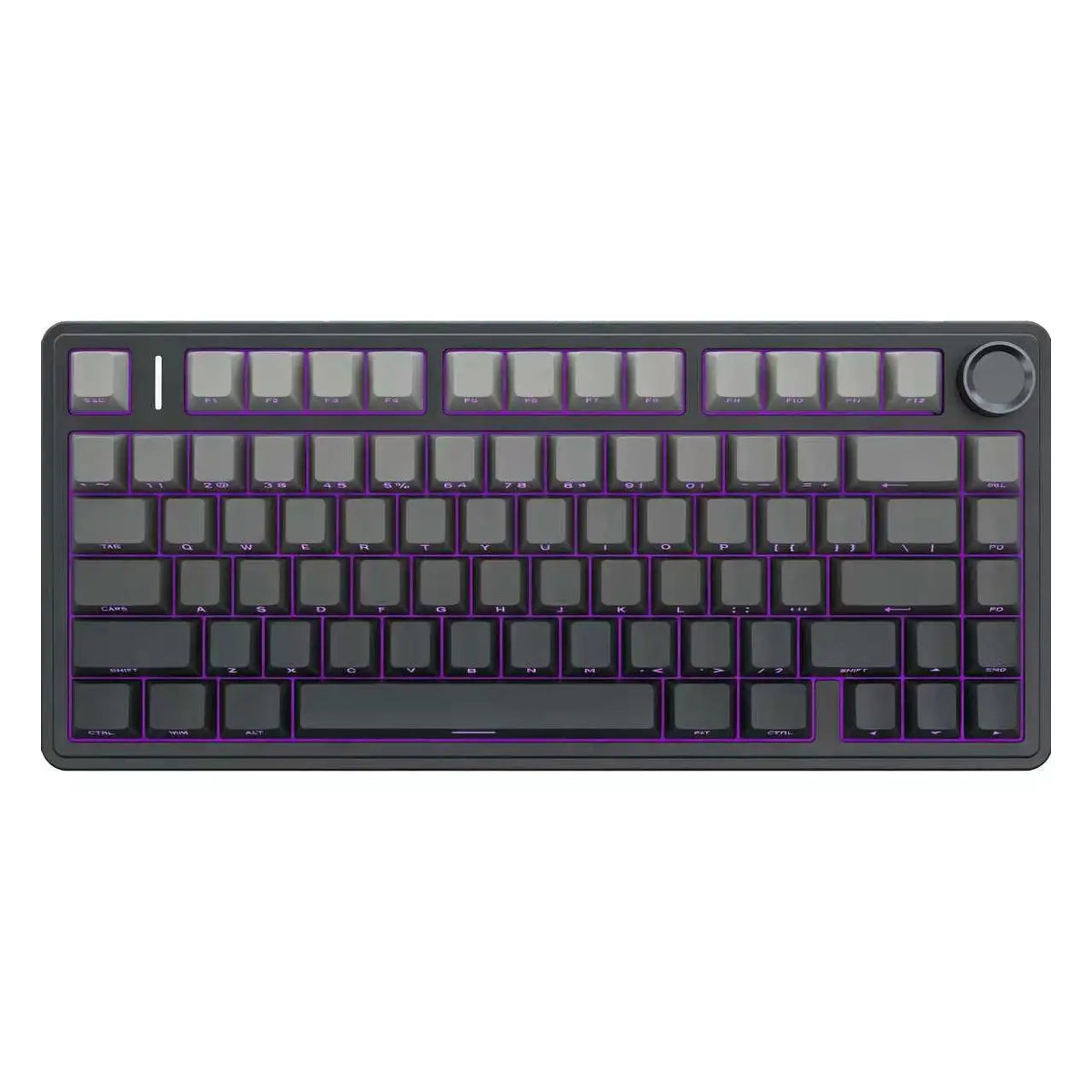 A close-up view of a dark gray mechanical keyboard with purple accents and a rotary knob on the right side.
