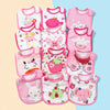 A set of pink and white waterproof baby bibs and burp cloths featuring various cartoon animal prints.