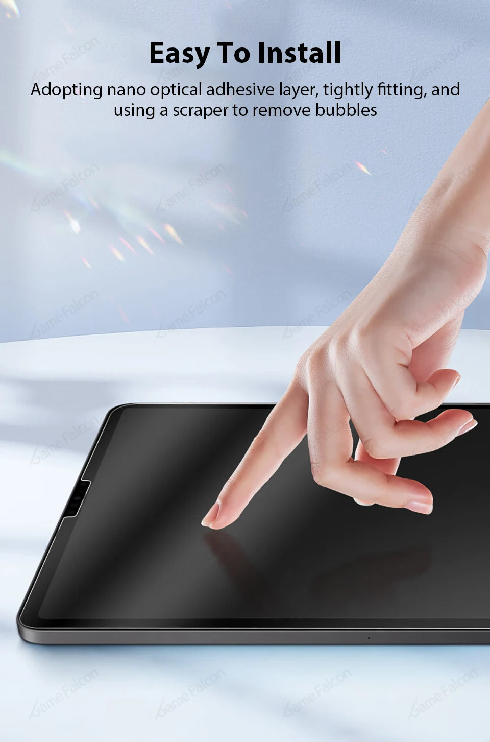 A hand applies a nano optical adhesive layer to a paper-feel matte screen protector on an iPad.