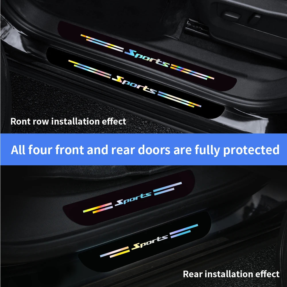 Demonstration of door sill protector strips showing installation effects on front and rear doors.