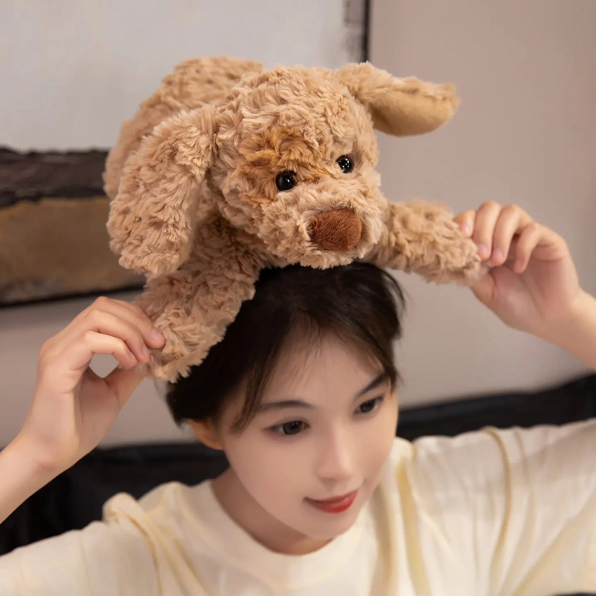 Curly Teddy Dog Plush Pillow – Soft Cuddly Stuffed Animal