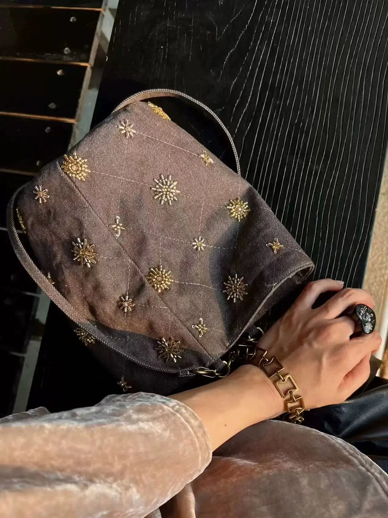 Handmade Beaded Denim Crossbody Bag