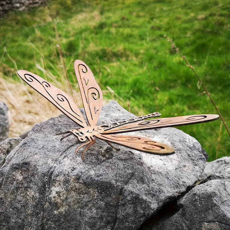 Rust-Colored Metal Dragonfly Garden Statue