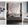 Chambre moderne avec grand lit, literie en lin clair et mur d'accent bleu sarcelle foncé.