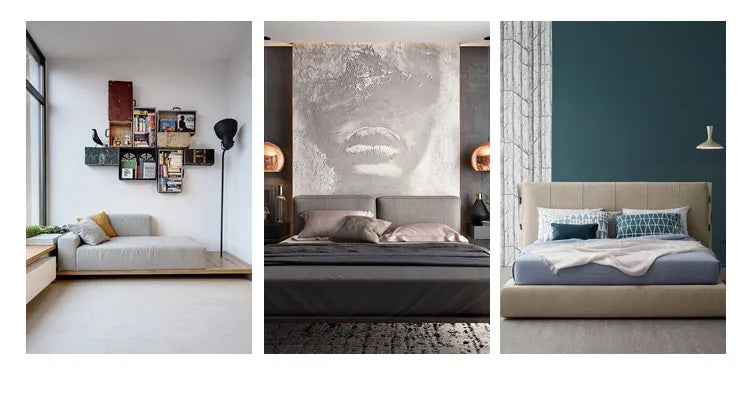 Chambre moderne avec grand lit, literie en lin clair et mur d'accent bleu sarcelle foncé.