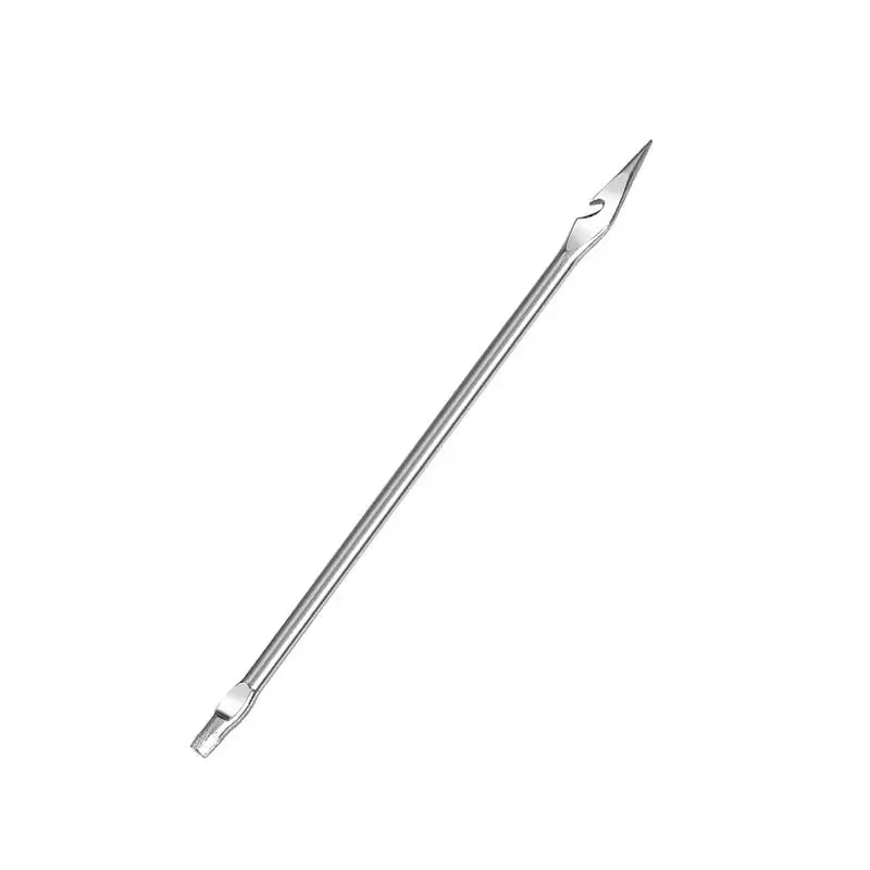 A silver leather sewing awl set with replaceable needles shown diagonally.