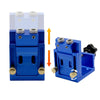 A blue adjustable pocket hole jig kit for woodworking showing the assembled tool and its components.