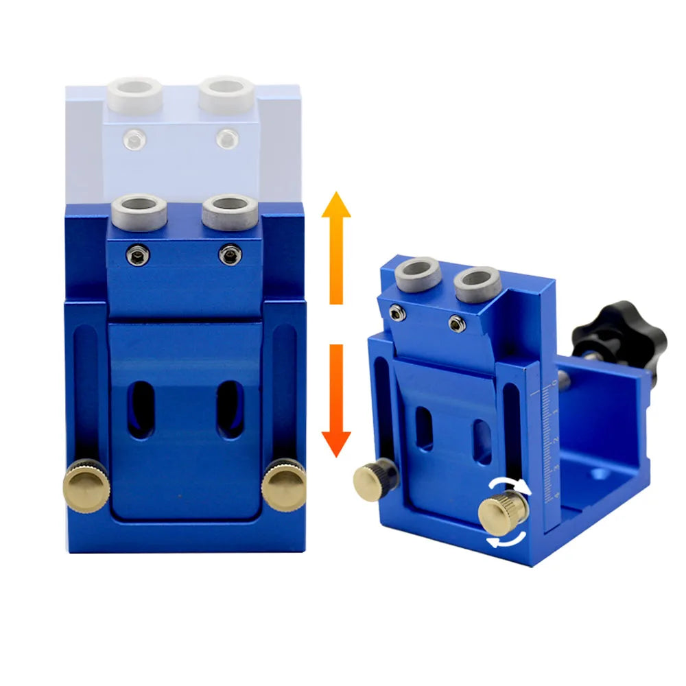 A blue adjustable pocket hole jig kit for woodworking showing the assembled tool and its components.