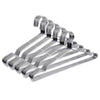 A set of ten heavy-duty stainless steel wire clothes hangers arranged in a fan shape.