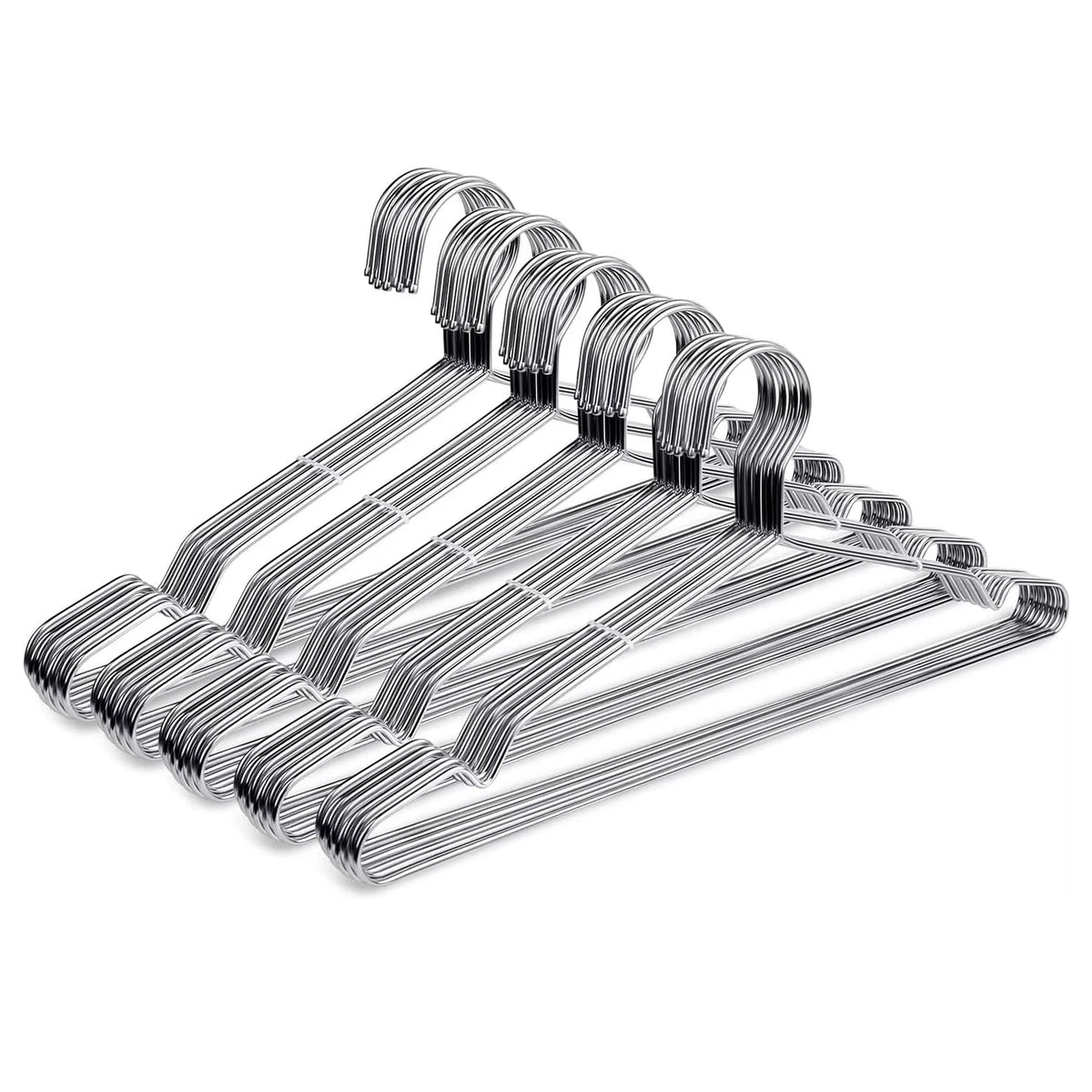 A set of ten heavy-duty stainless steel wire clothes hangers arranged in a fan shape.
