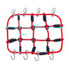 Red elastic roof rack luggage net with black clips and metal hooks for RC crawlers