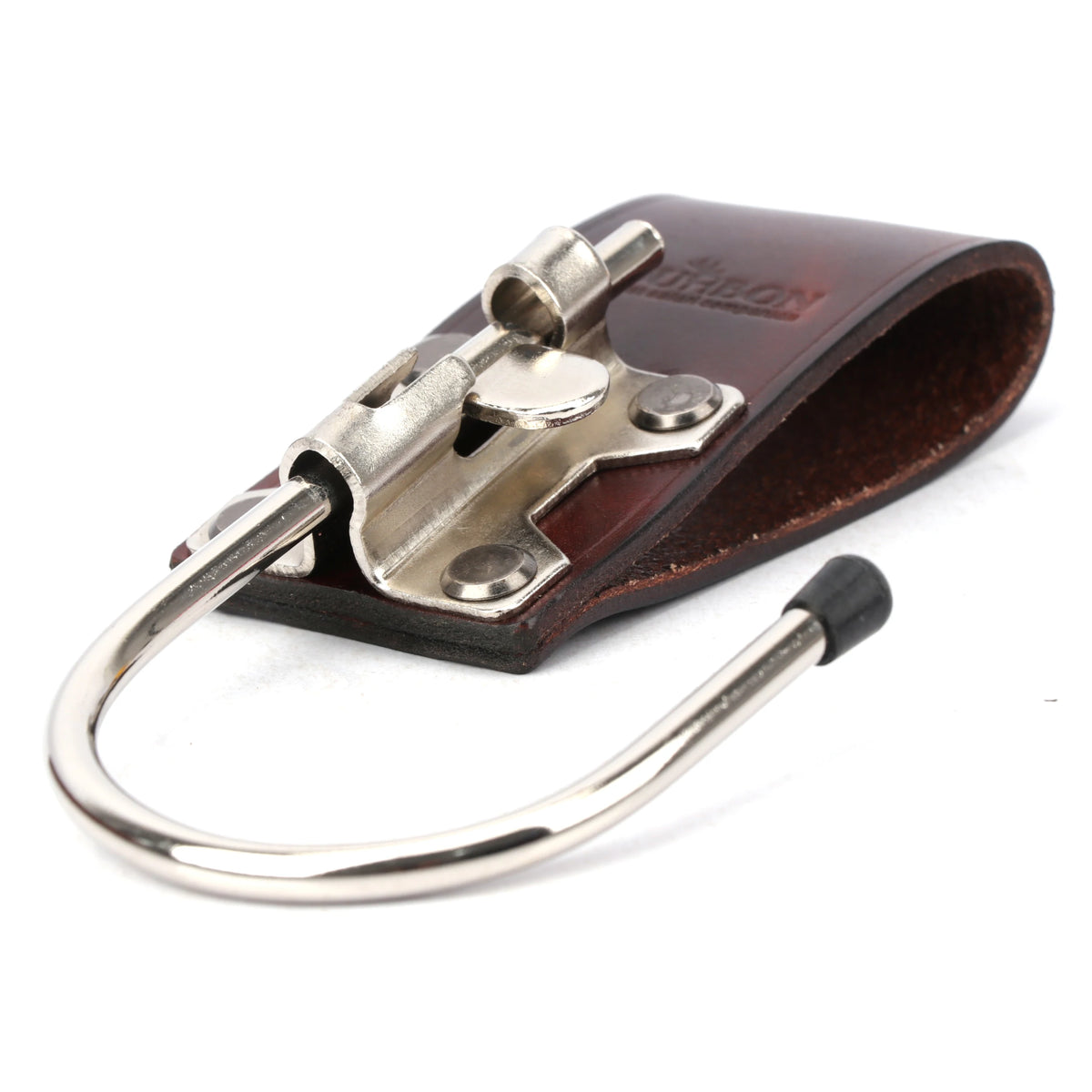 A brown leather tool holster featuring a steel J-hook for securing tools.