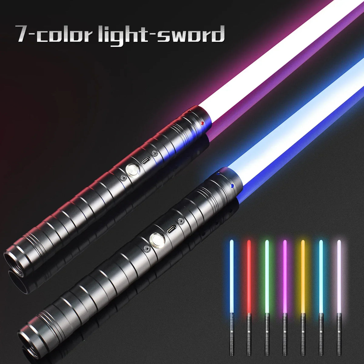 A 7-color light-sword is shown, featuring a metal body and a glowing blade with multiple colors.