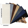 A stack of self-adhesive cat scratching mat protectors in various shades of beige, brown, and blue fabric.