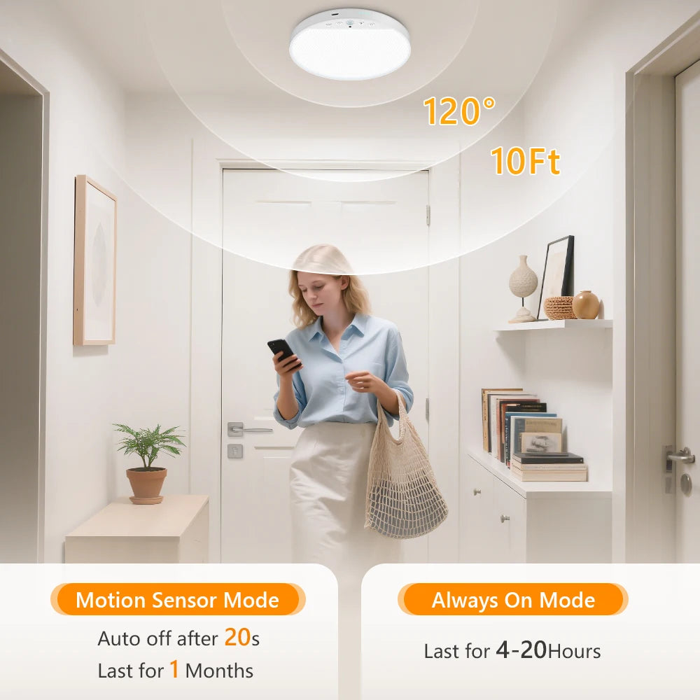 A woman is operating a white ceiling light fixture in a modern room, demonstrating its motion sensor mode and always on mode.