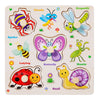 Wooden 3D jigsaw puzzle featuring various insects and animals like a dragonfly, spider, bee, ladybug, butterfly, mantis, and 