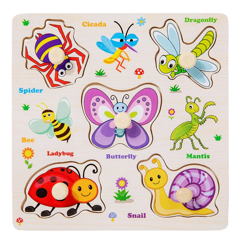 Wooden 3D jigsaw puzzle featuring various insects and animals like a dragonfly, spider, bee, ladybug, butterfly, mantis, and 