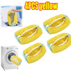 Four yellow reusable shoe washing bags shown next to a washing machine.