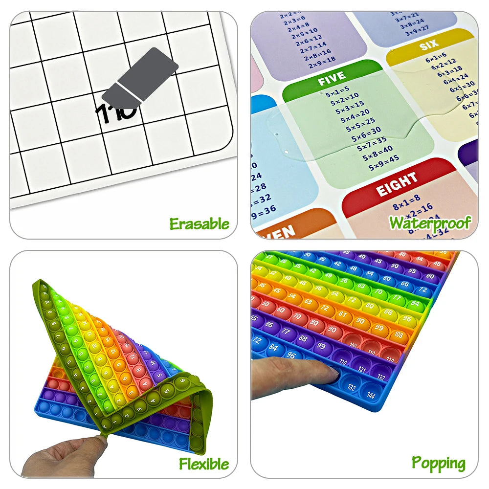 A set of colorful multiplication practice flashcards featuring erasable numbers and a waterproof set of popping cubes.