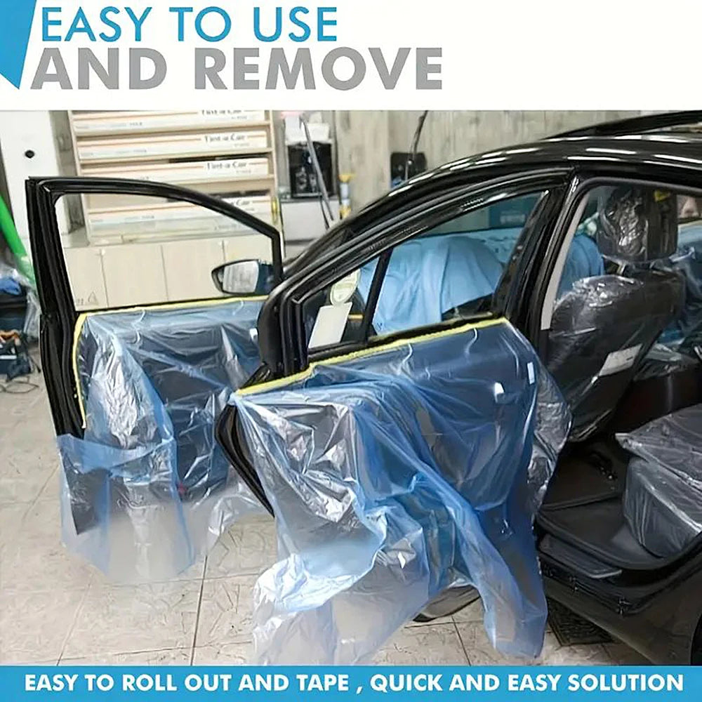 Pre-taped masking film is shown being used to cover a car for painting projects.