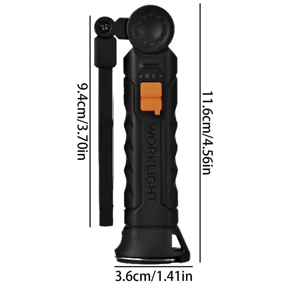 A black rechargeable magnetic LED work light with a flexible cord and an orange switch.