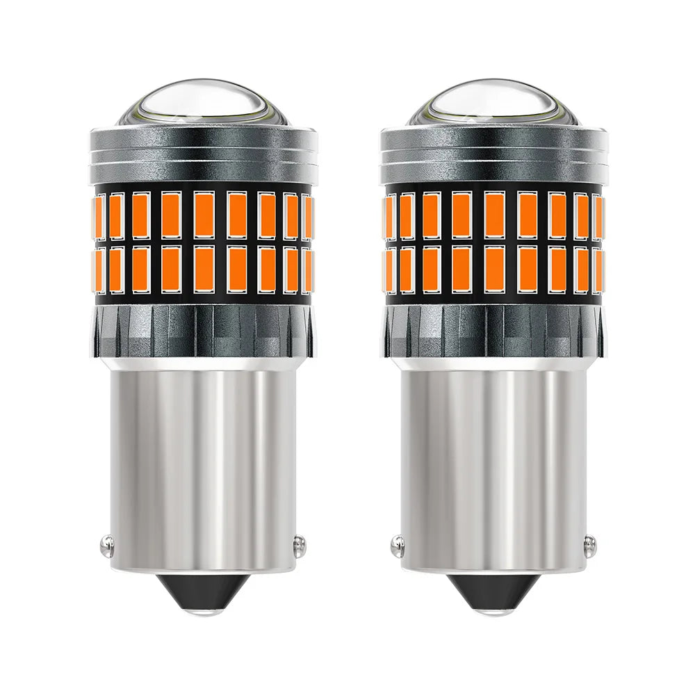 A pair of LED turn signal and reverse light bulbs with silver and orange accents.