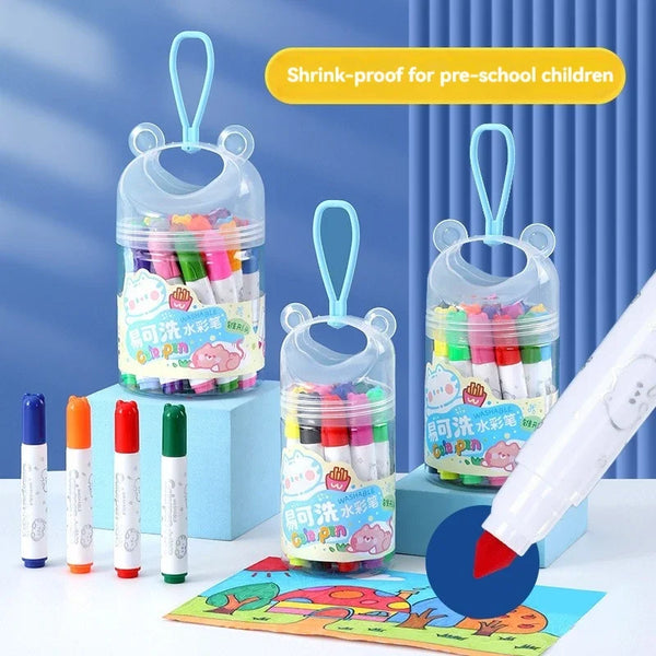 A set of 24 washable art markers for children displayed in clear, bear-shaped containers.