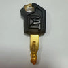 A black ignition key set for Caterpillar excavators with a brass key blade.