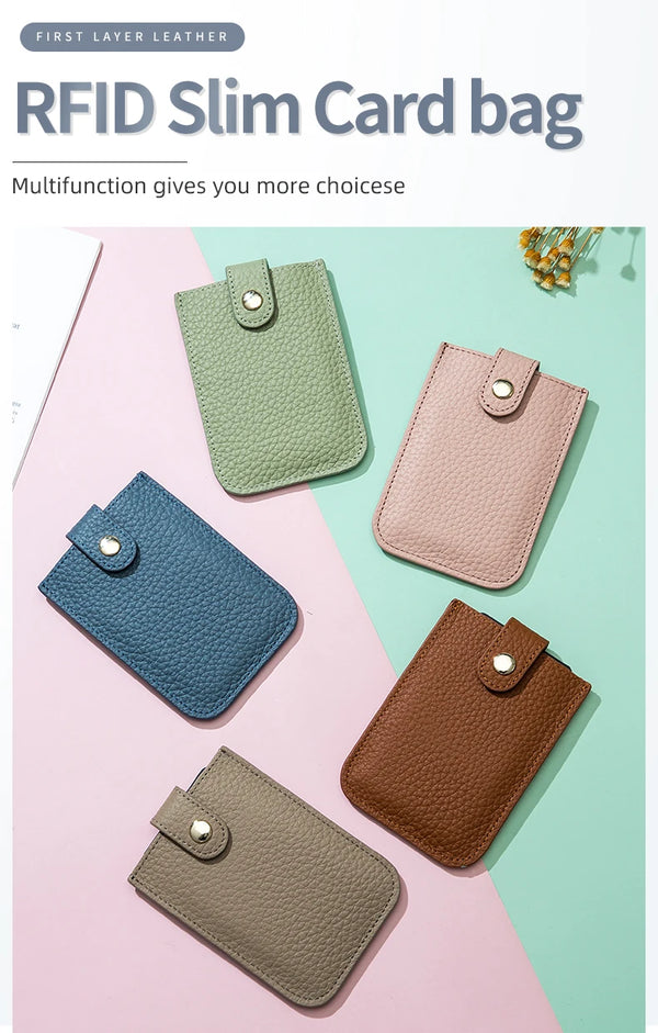 A collection of RFID slim card bags in various shades of green, pink, and brown leather.