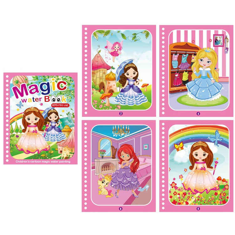 A set of five reusable magic water drawing books featuring cartoon princesses and magical scenes.