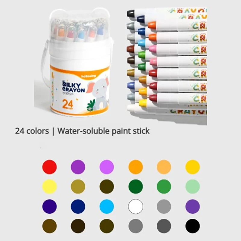A set of 24 water-soluble paint sticks in various colors displayed in a clear plastic container.